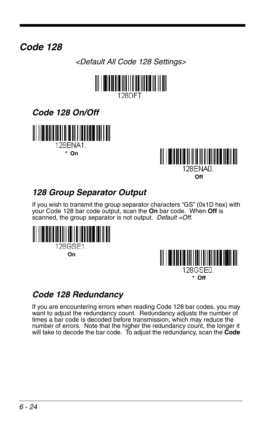 Code 128, Code 128 -24, Code 128 redundancy | Honeywell VOYAGER 1200G User Manual | Page 118 / 238