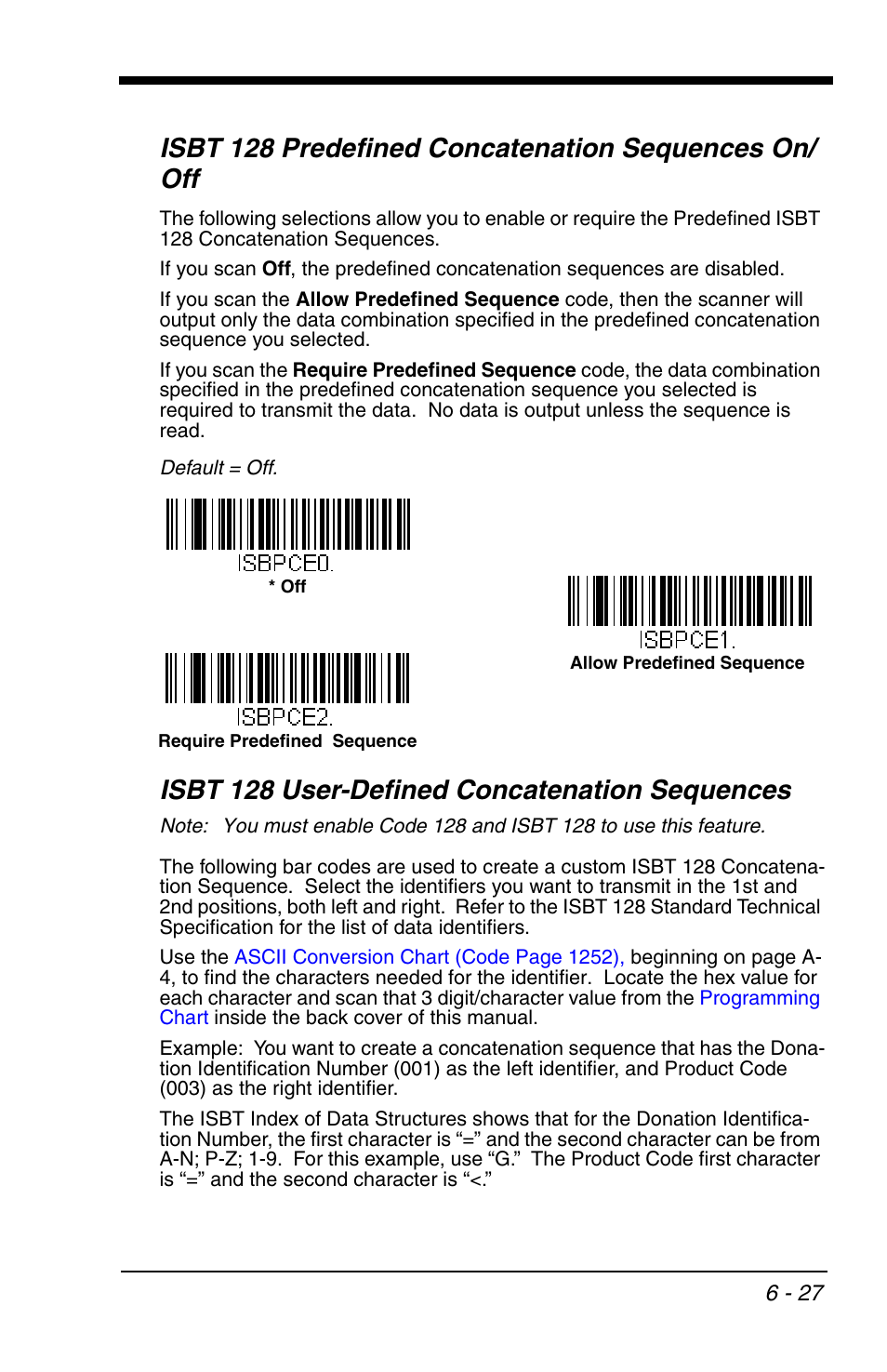 Isbt 128 predefined concatenation sequences, On/off, Isbt 128 user-defined concatenation sequences | Honeywell VOYAGER 1200G User Manual | Page 121 / 238