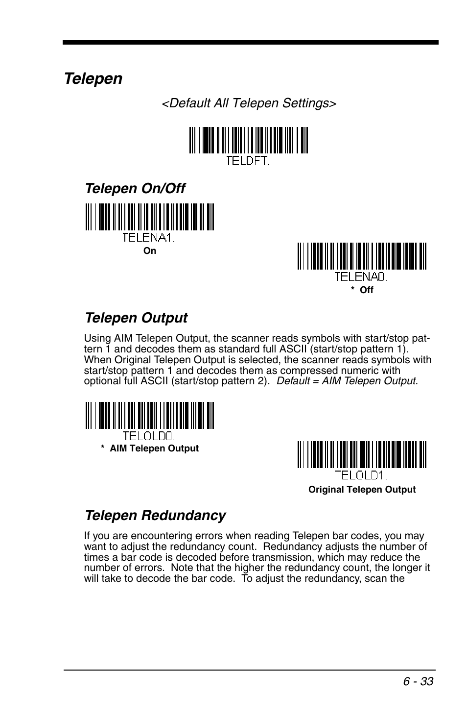 Telepen, Telepen -33, Telepen on/off telepen output | Telepen redundancy | Honeywell VOYAGER 1200G User Manual | Page 127 / 238