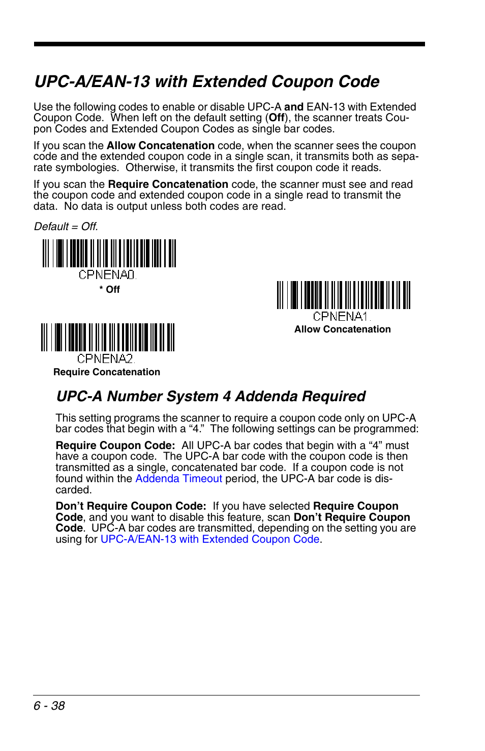 Upc-a/ean-13 with extended coupon code, Upc-a number system 4 addenda required, Upc-a/ean-13 with extended coupon code -38 | Upc-a number system 4 addenda required -38 | Honeywell VOYAGER 1200G User Manual | Page 132 / 238