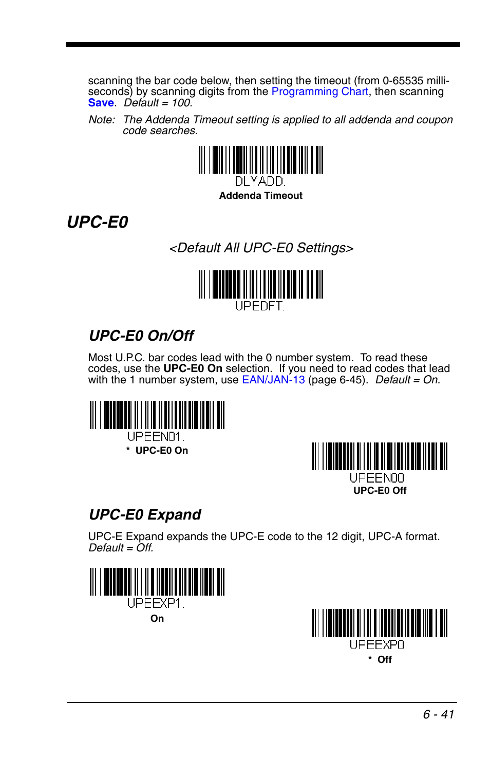 Upc-e0, Upc-e0 -41, Upc-e0 on/off | Upc-e0 expand, Default all upc-e0 settings | Honeywell VOYAGER 1200G User Manual | Page 135 / 238