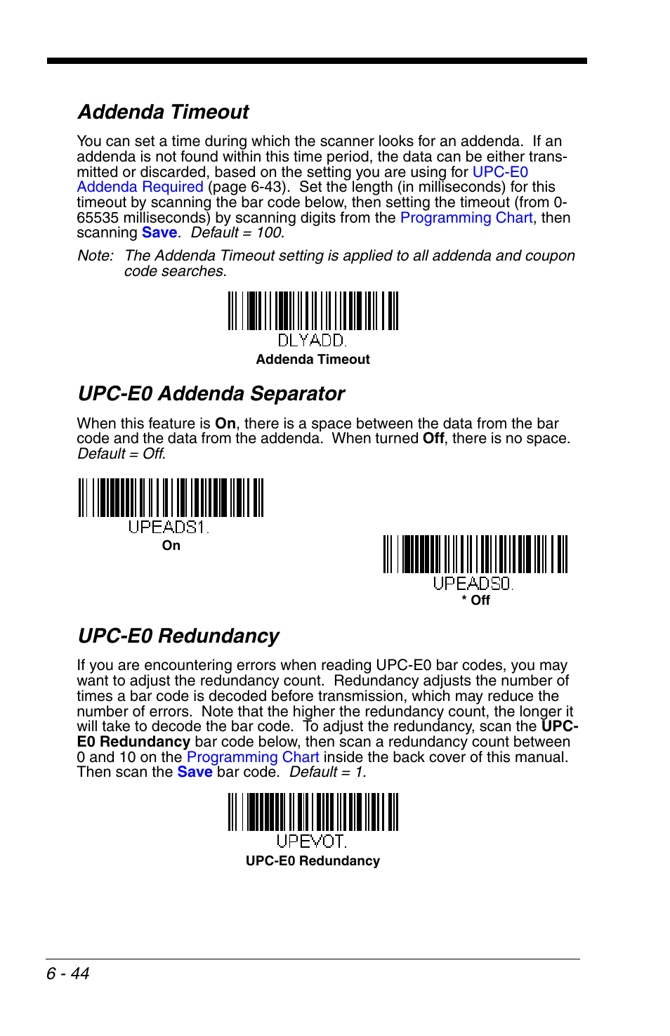 Addenda timeout, Upc-e0 addenda separator, Upc-e0 redundancy | Honeywell VOYAGER 1200G User Manual | Page 138 / 238