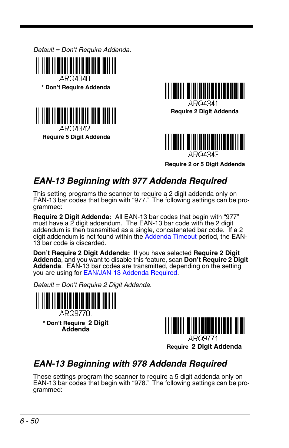 Ean-13 beginning with 977 addenda required, Ean-13 beginning with 978 addenda required | Honeywell VOYAGER 1200G User Manual | Page 144 / 238