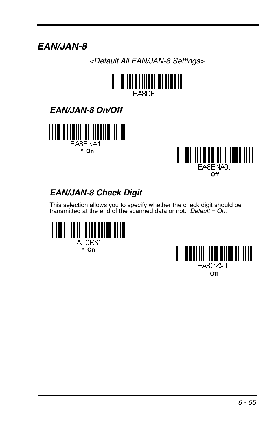 Ean/jan-8, Ean/jan-8 -55, Ean/jan-8 on/off ean/jan-8 check digit | Honeywell VOYAGER 1200G User Manual | Page 149 / 238