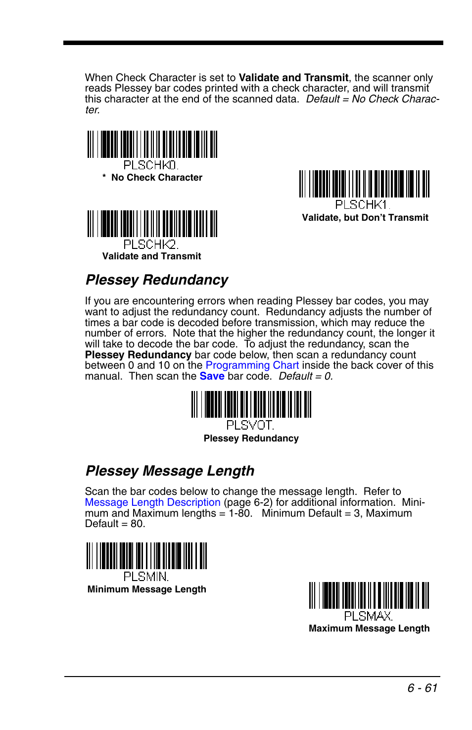 Plessey redundancy, Plessey message length | Honeywell VOYAGER 1200G User Manual | Page 155 / 238
