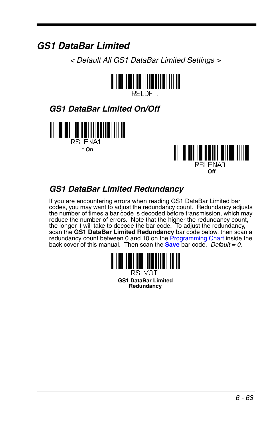Gs1 databar limited, Gs1 databar limited -63, Default all gs1 databar limited settings | Honeywell VOYAGER 1200G User Manual | Page 157 / 238