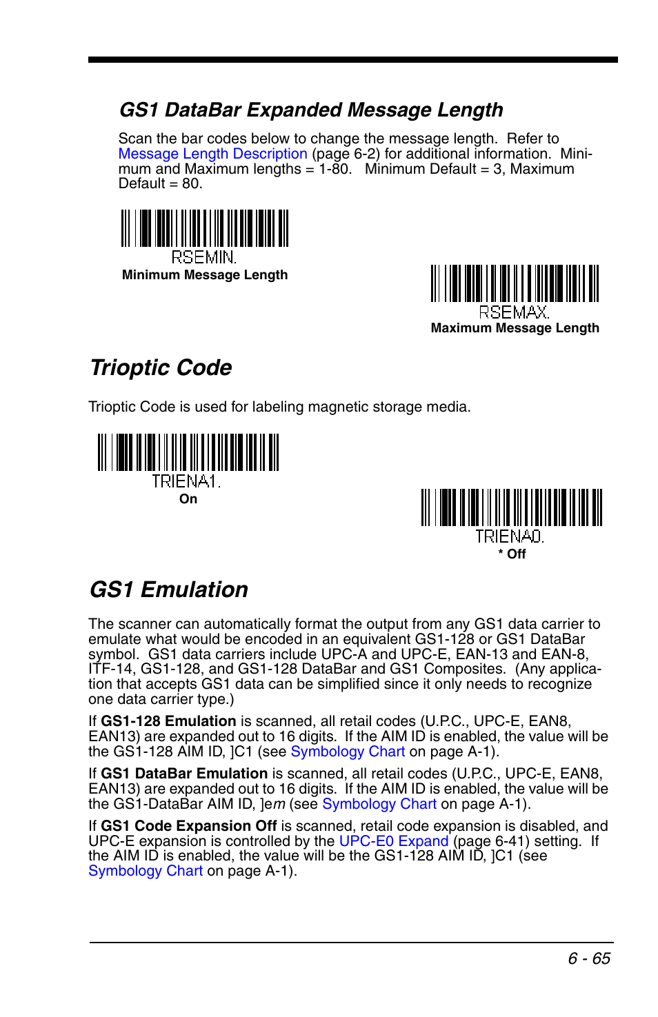 Trioptic code, Gs1 emulation, Trioptic code -65 gs1 emulation -65 | Gs1 databar expanded message length | Honeywell VOYAGER 1200G User Manual | Page 159 / 238