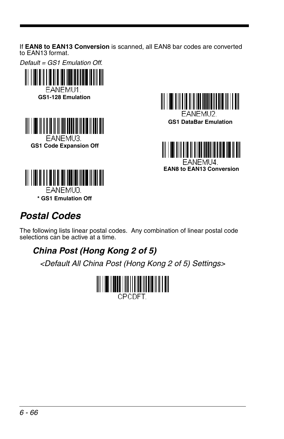 Postal codes, China post (hong kong 2 of 5), Postal codes -66 | China post (hong kong 2 of 5) -66, Default all china post (hong kong 2 of 5) settings | Honeywell VOYAGER 1200G User Manual | Page 160 / 238