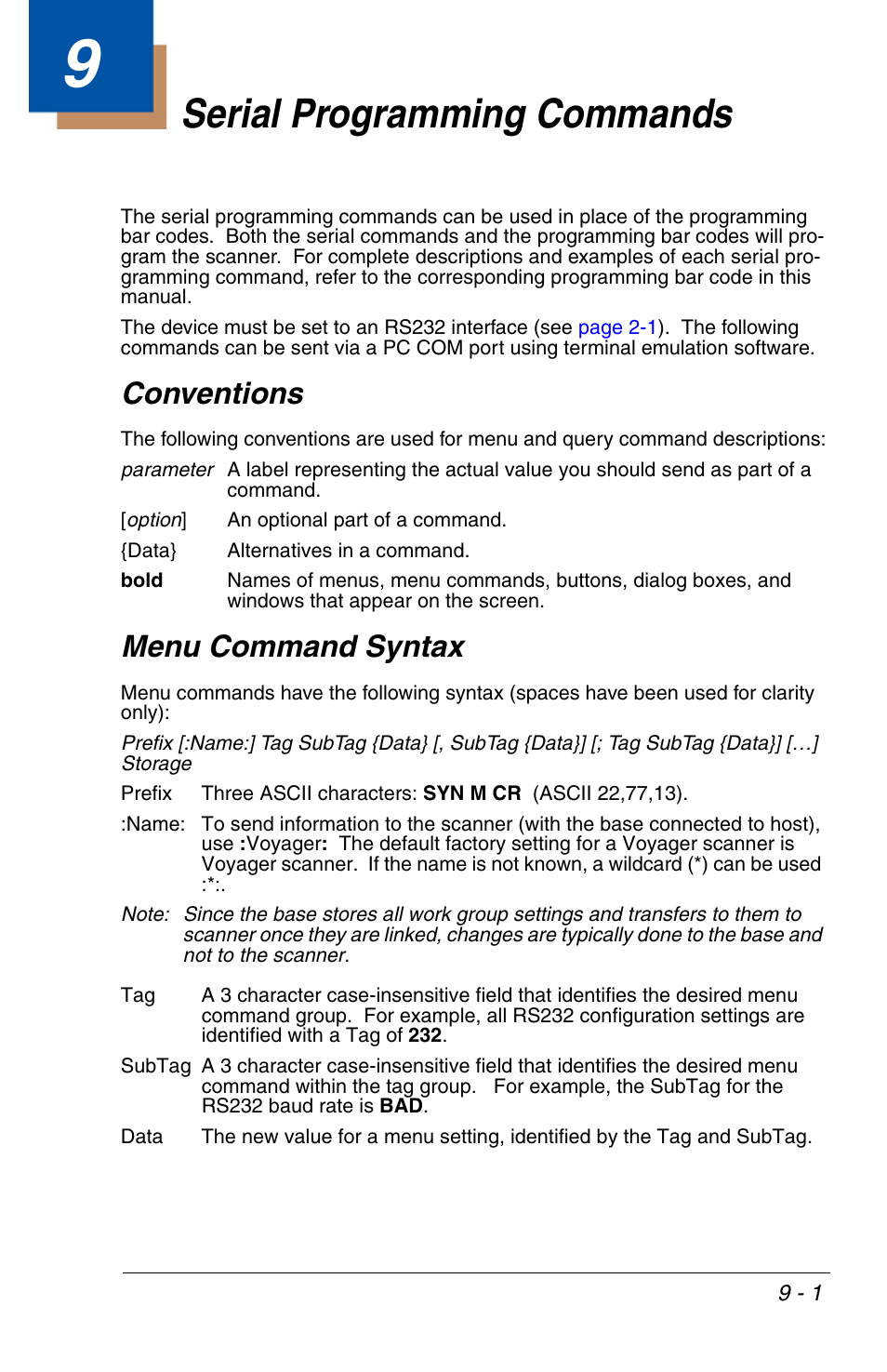 Serial programming commands, Conventions, Menu command syntax | Chapter 9 - serial programming commands, Conventions -1 menu command syntax -1, Chapter 9 | Honeywell VOYAGER 1200G User Manual | Page 171 / 238
