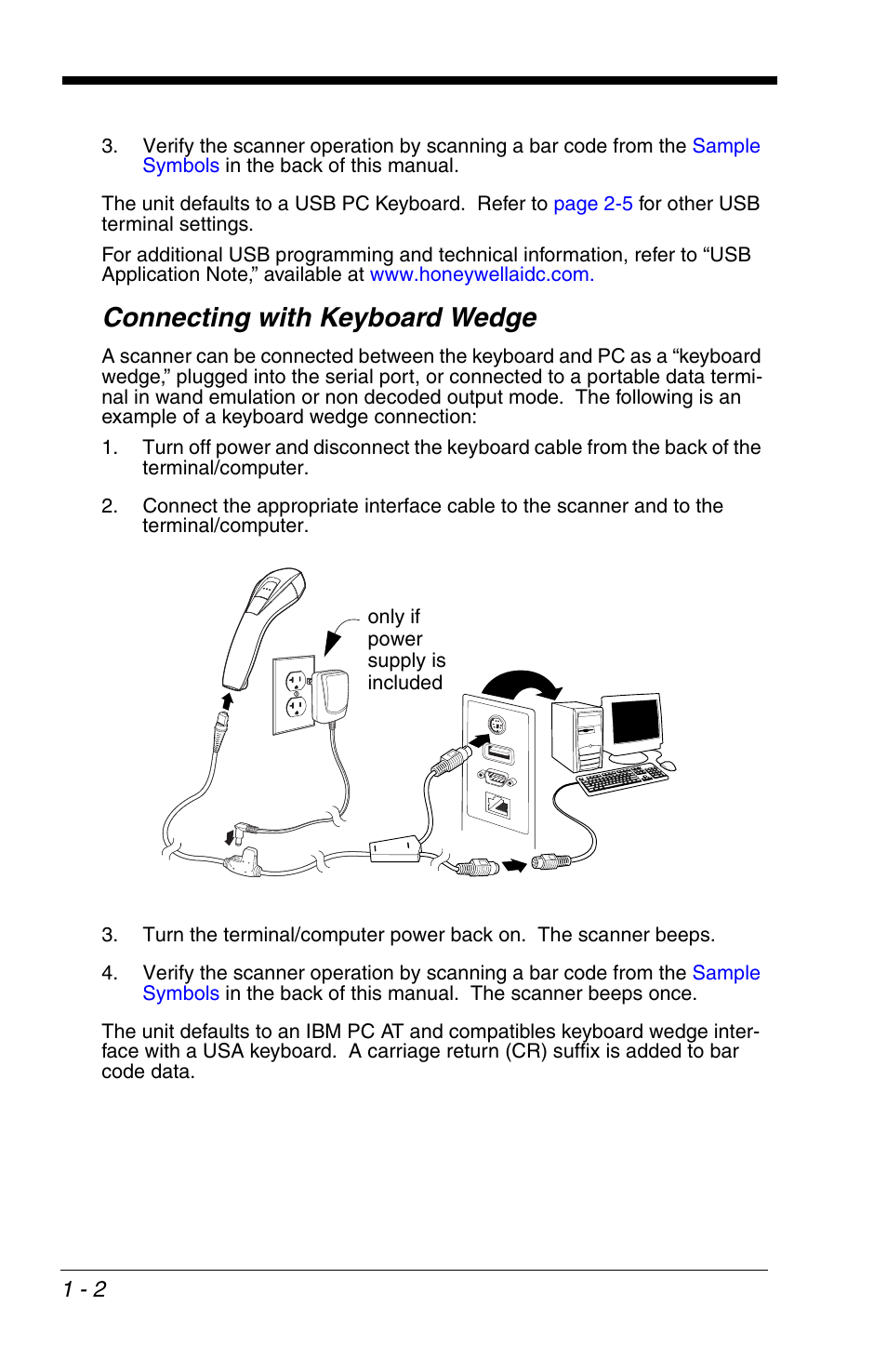 Connecting with keyboard wedge, Connecting with keyboard wedge -2 | Honeywell VOYAGER 1200G User Manual | Page 18 / 238