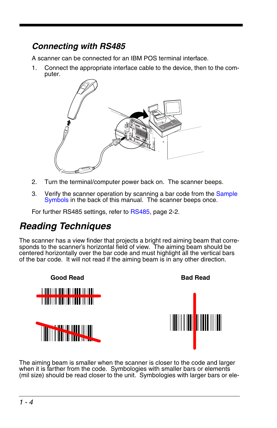 Connecting with rs485, Reading techniques, Connecting with rs485 -4 | Reading techniques -4 | Honeywell VOYAGER 1200G User Manual | Page 20 / 238