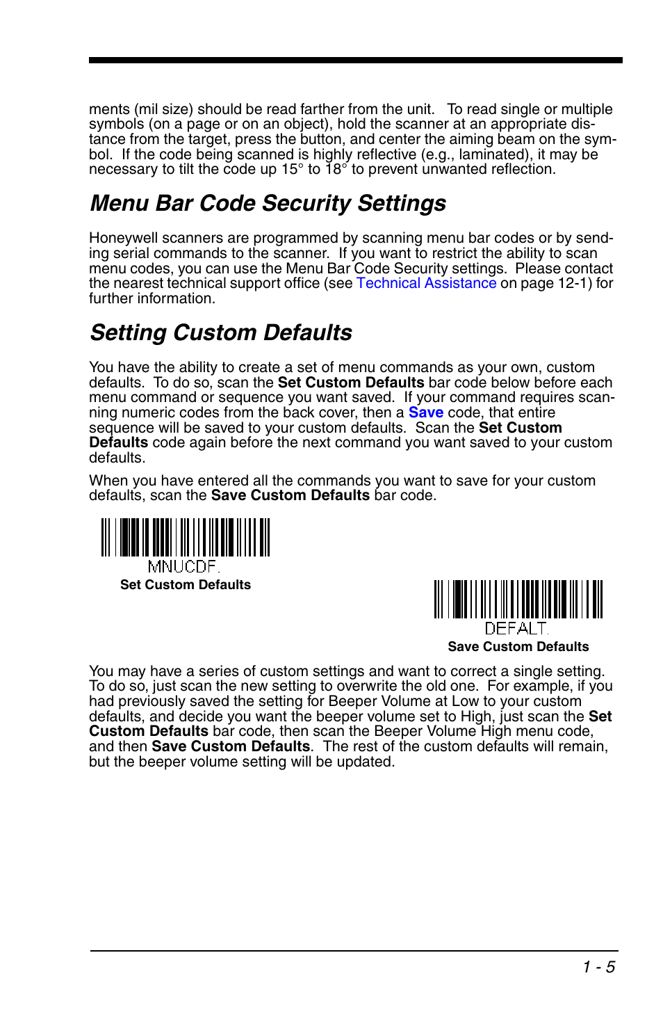 Menu bar code security settings, Setting custom defaults | Honeywell VOYAGER 1200G User Manual | Page 21 / 238