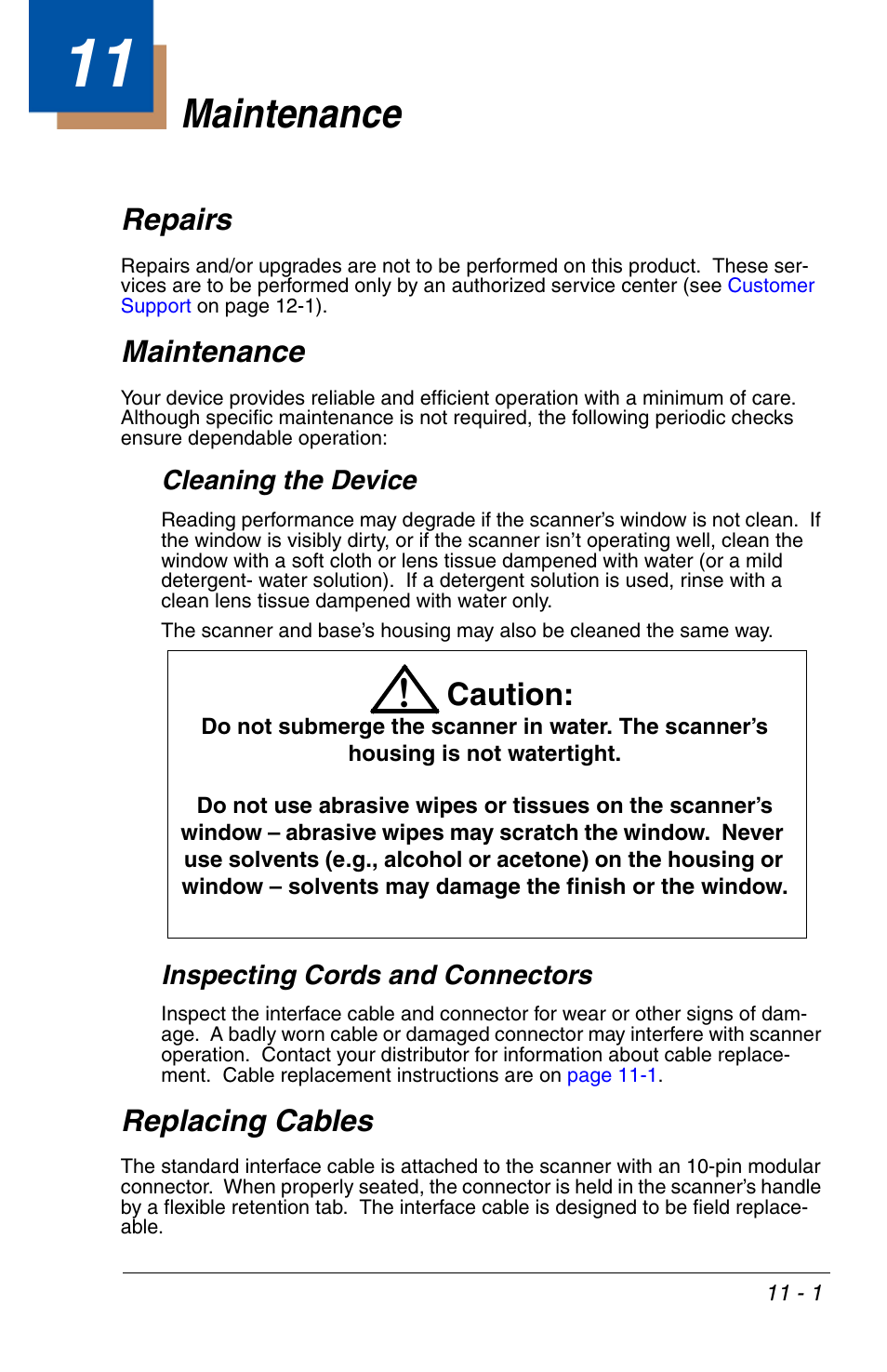 Maintenance, Repairs, Cleaning the device | Inspecting cords and connectors, Replacing cables, Chapter 11 - maintenance, Repairs -1 maintenance -1, Replacing cables -1, Caution | Honeywell VOYAGER 1200G User Manual | Page 217 / 238