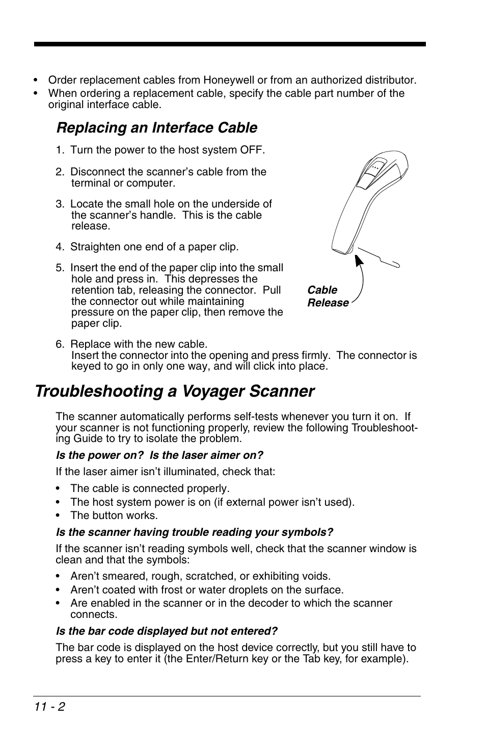 Replacing an interface cable, Troubleshooting a voyager scanner, Replacing an interface cable -2 | Troubleshooting a voyager scanner -2 | Honeywell VOYAGER 1200G User Manual | Page 218 / 238