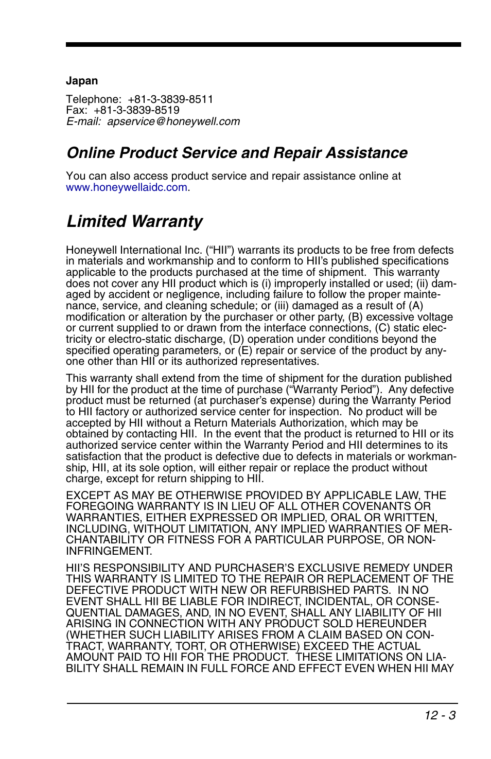 Limited warranty, Online product service and repair assistance | Honeywell VOYAGER 1200G User Manual | Page 223 / 238