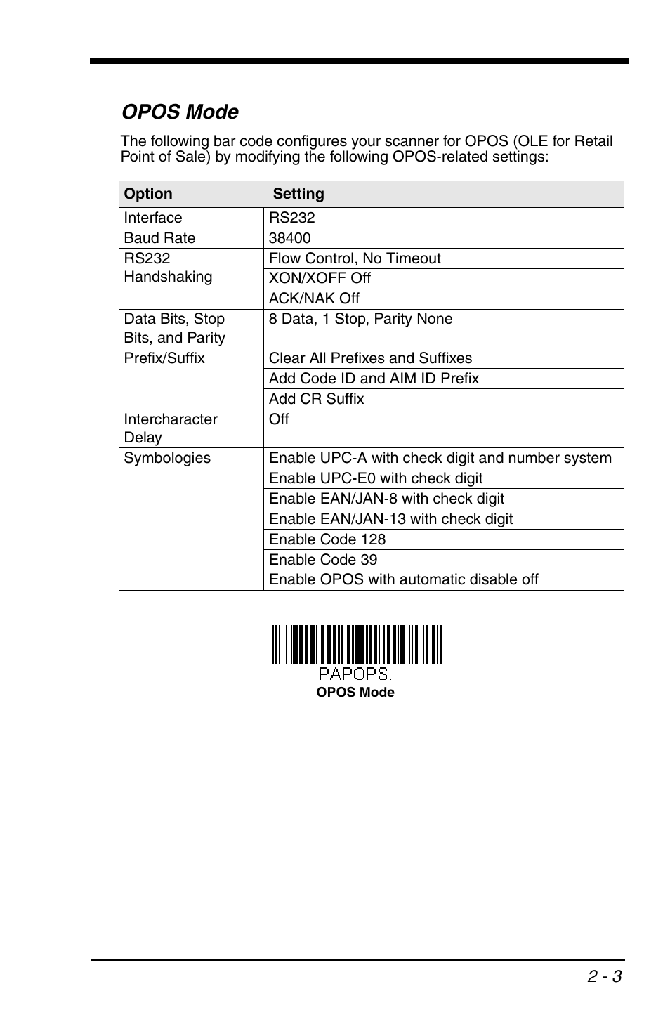 Opos mode, Opos mode -3 | Honeywell VOYAGER 1200G User Manual | Page 25 / 238
