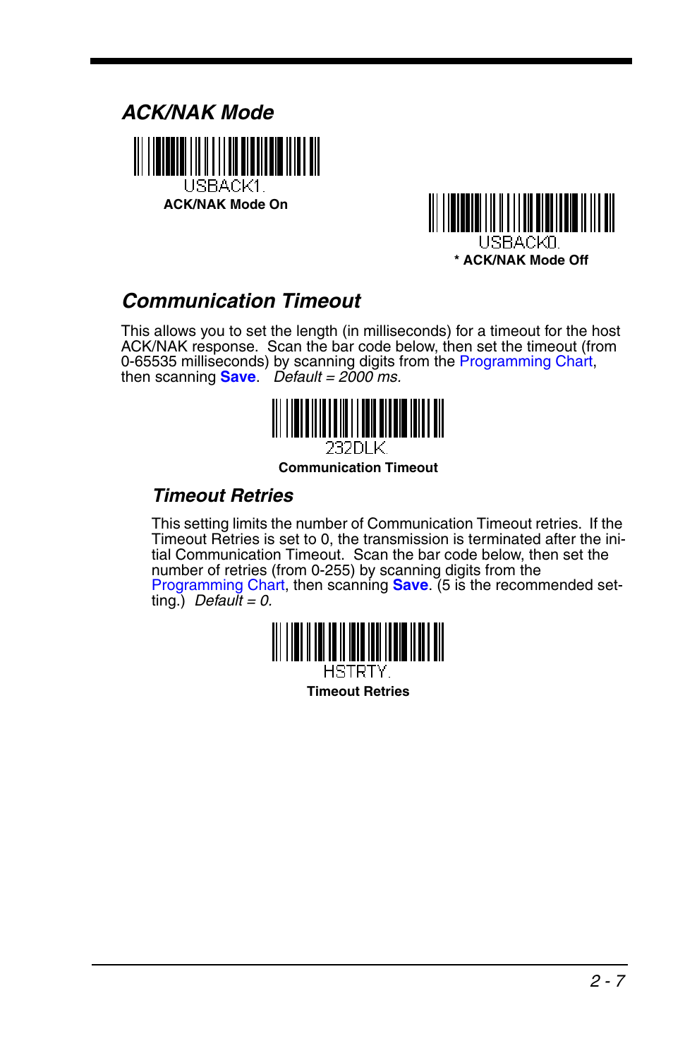 Ack/nak mode, Communication timeout, Ack/nak mode -7 communication timeout -7 | Ack/nak mode communication timeout, Timeout retries | Honeywell VOYAGER 1200G User Manual | Page 29 / 238