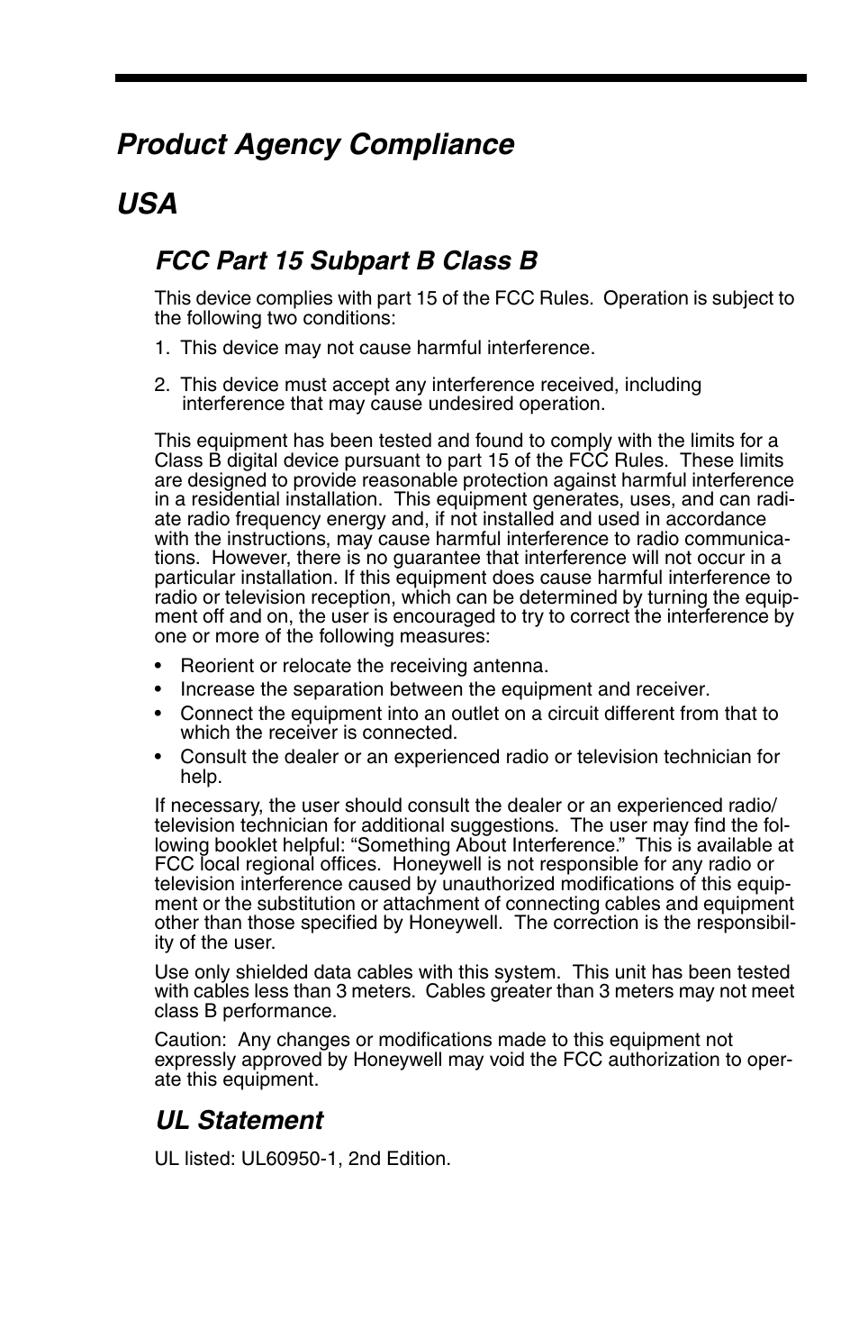 Product agency compliance usa, Fcc part 15 subpart b class b, Ul statement | Honeywell VOYAGER 1200G User Manual | Page 3 / 238