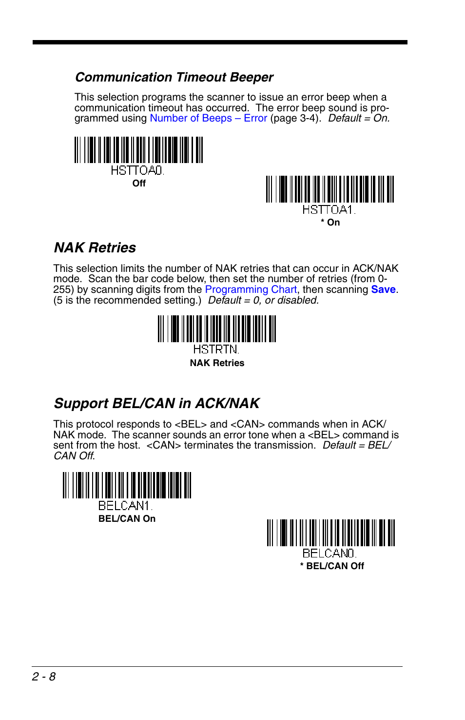Nak retries, Support bel/can in ack/nak, Nak retries -8 support bel/can in ack/nak -8 | Communication timeout beeper | Honeywell VOYAGER 1200G User Manual | Page 30 / 238