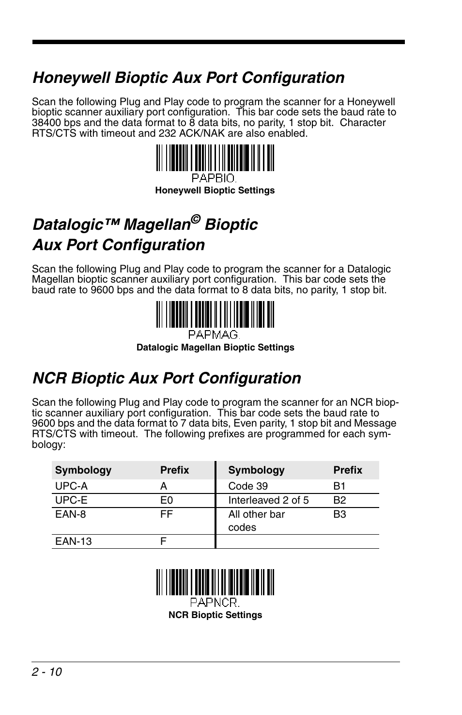 Honeywell bioptic aux port configuration, Ncr bioptic aux port configuration, Ncr bioptic aux port configuration -10 | Datalogic™ magellan, Bioptic aux port configuration | Honeywell VOYAGER 1200G User Manual | Page 32 / 238