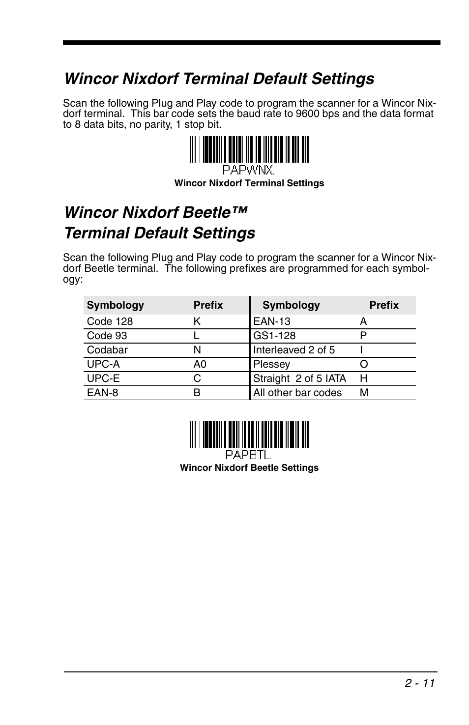 Wincor nixdorf terminal default settings, Wincor nixdorf beetle™ terminal default settings | Honeywell VOYAGER 1200G User Manual | Page 33 / 238