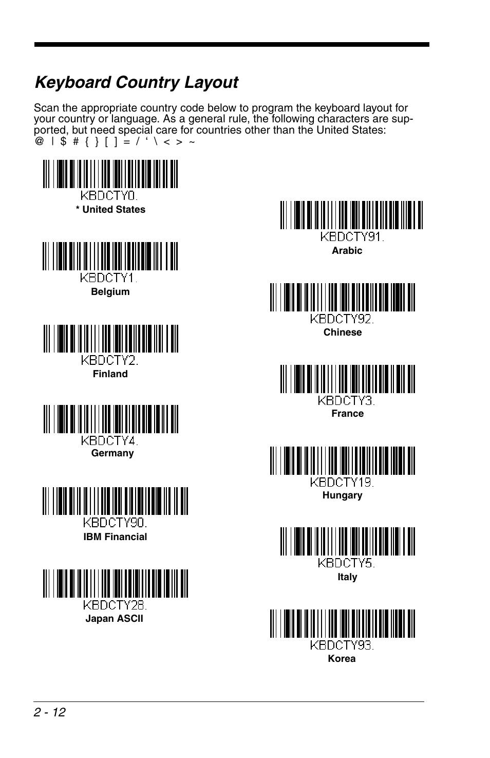 Keyboard country layout, Keyboard country layout -12 | Honeywell VOYAGER 1200G User Manual | Page 34 / 238