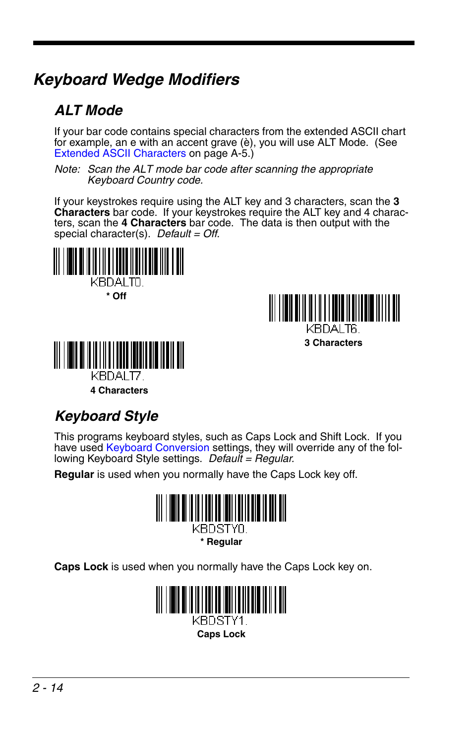 Keyboard wedge modifiers, Alt mode, Keyboard style | Keyboard wedge modifiers -14, Alt mode -14 keyboard style -14 | Honeywell VOYAGER 1200G User Manual | Page 36 / 238