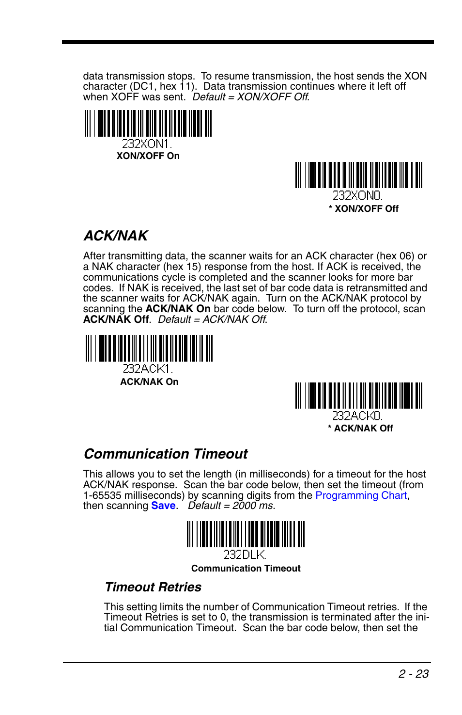 Ack/nak, Communication timeout, Ack/nak -23 communication timeout -23 | Timeout retries | Honeywell VOYAGER 1200G User Manual | Page 45 / 238