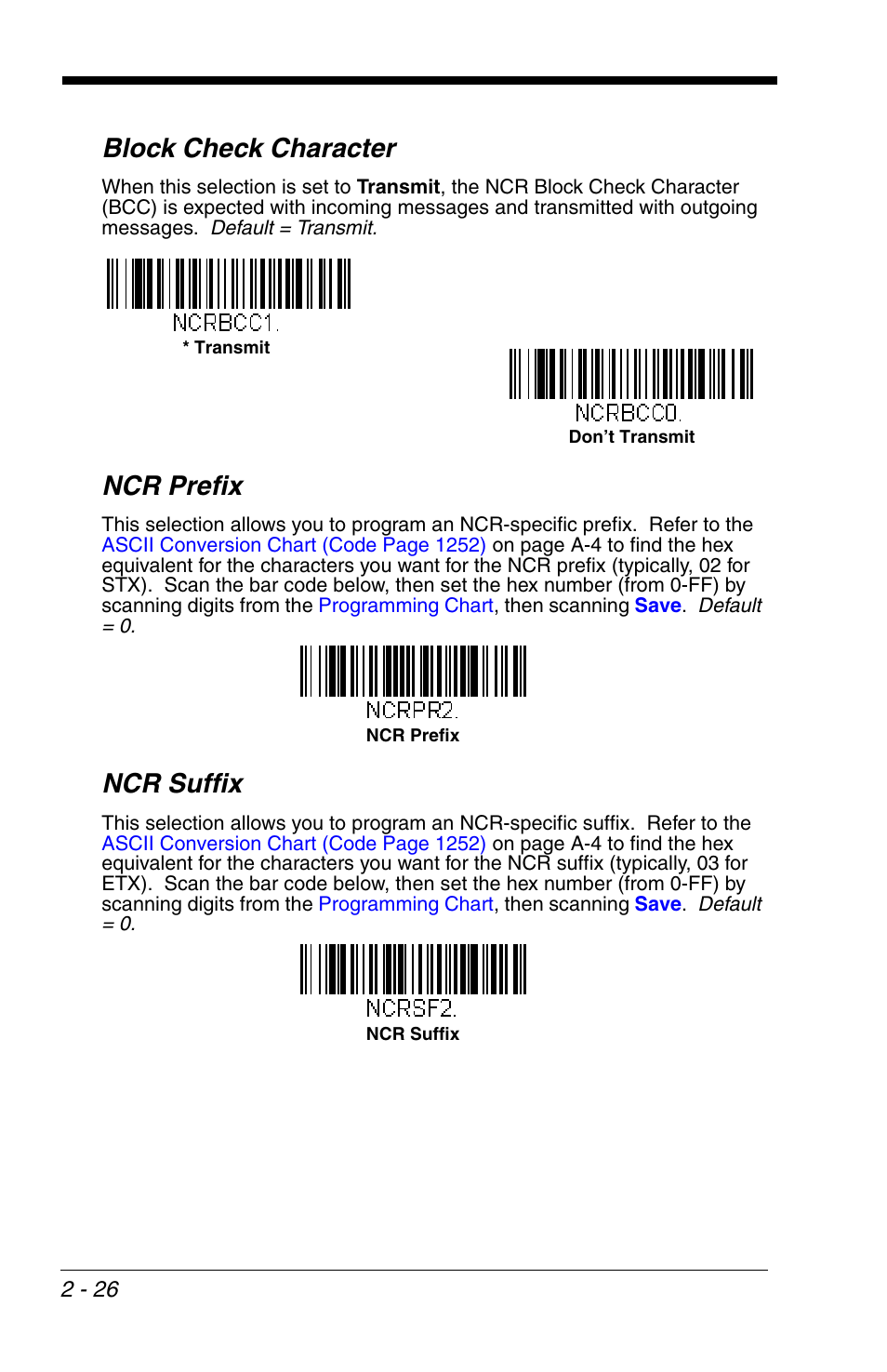 Block check character, Ncr prefix, Ncr suffix | Honeywell VOYAGER 1200G User Manual | Page 48 / 238