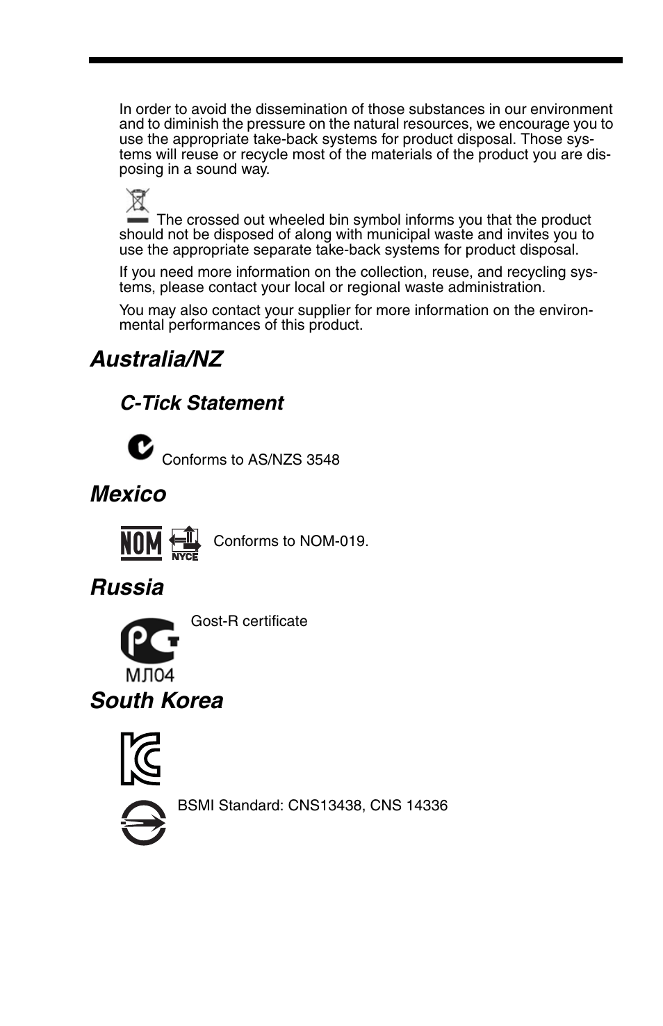 Australia/nz, Mexico, Russia | South korea, C-tick statement | Honeywell VOYAGER 1200G User Manual | Page 5 / 238