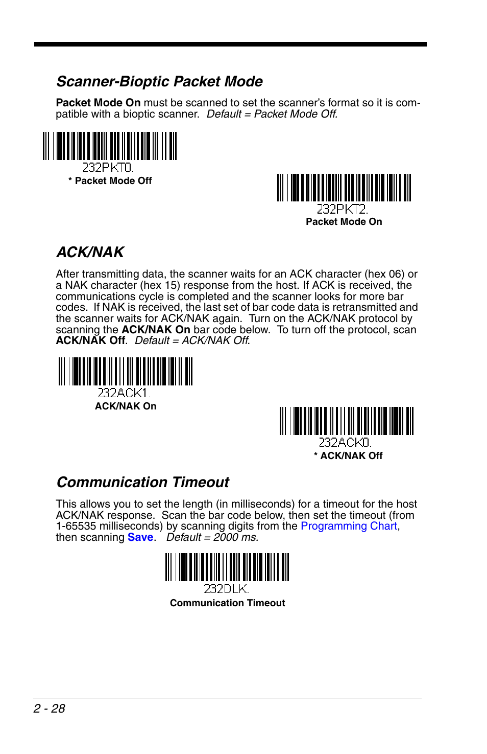 Scanner-bioptic packet mode, Ack/nak, Communication timeout | Honeywell VOYAGER 1200G User Manual | Page 50 / 238
