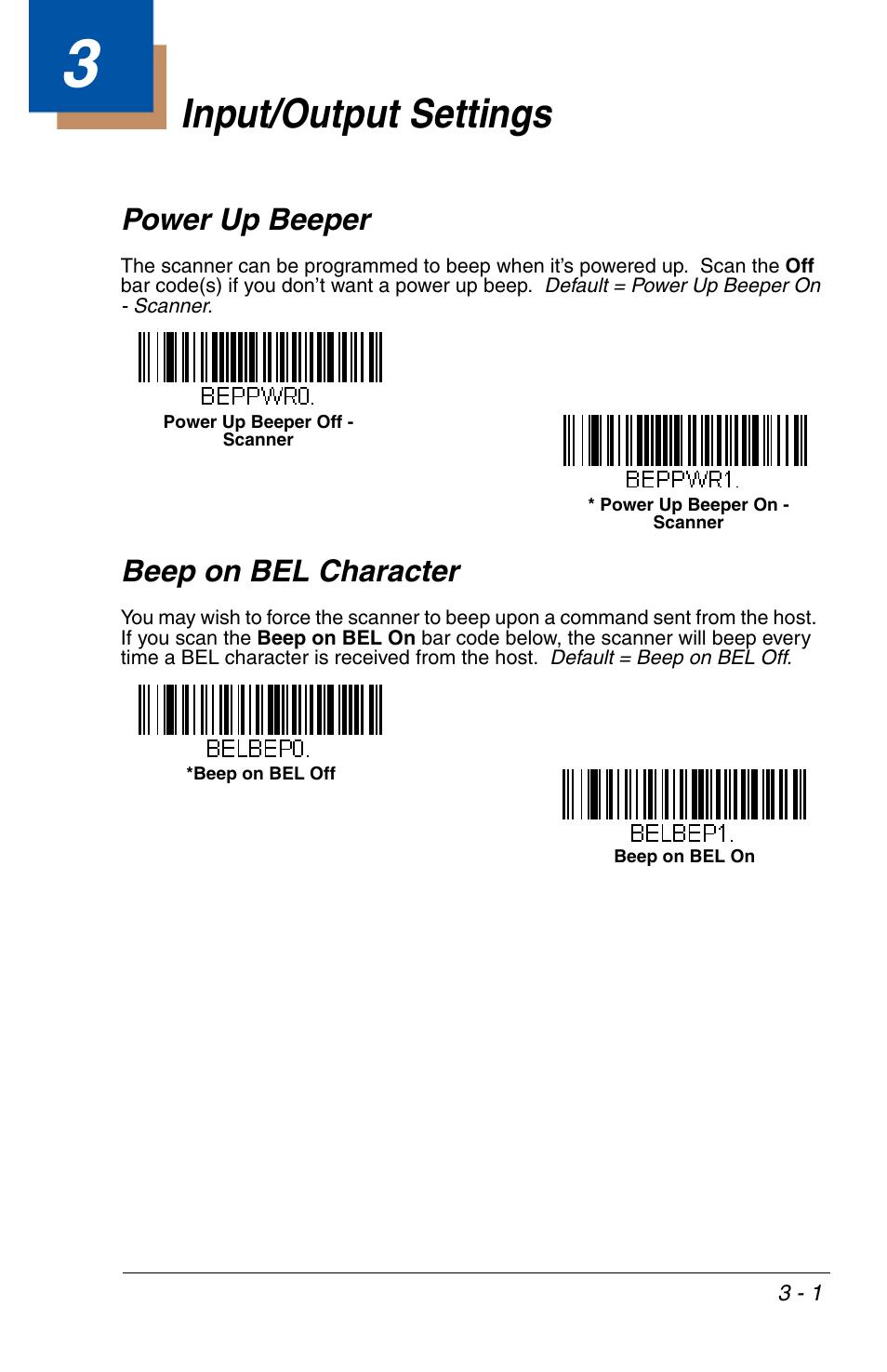 Input/output settings, Power up beeper, Beep on bel character | Chapter 3 - input/output settings, Power up beeper -1 beep on bel character -1 | Honeywell VOYAGER 1200G User Manual | Page 51 / 238