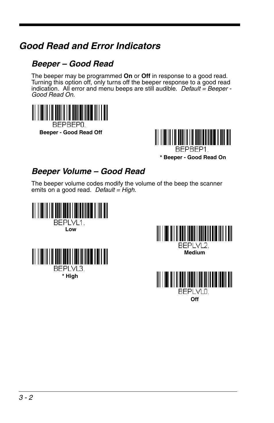 Good read and error indicators, Beeper – good read, Beeper volume – good read | Good read and error indicators -2, Beeper – good read -2 beeper volume – good read -2 | Honeywell VOYAGER 1200G User Manual | Page 52 / 238