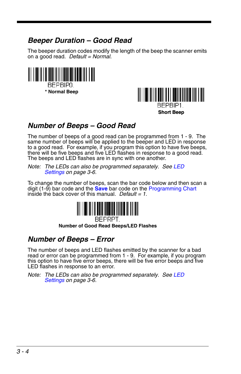 Beeper duration – good read, Number of beeps – good read, Number of beeps – error | The error tone sounds (set via | Honeywell VOYAGER 1200G User Manual | Page 54 / 238