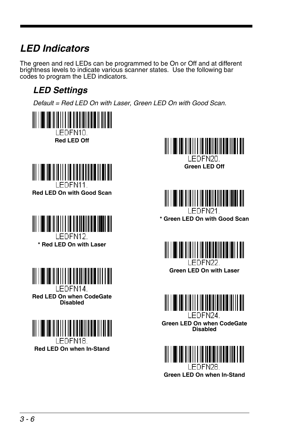 Led indicators, Led settings, Led indicators -6 | Led settings -6, Settings | Honeywell VOYAGER 1200G User Manual | Page 56 / 238