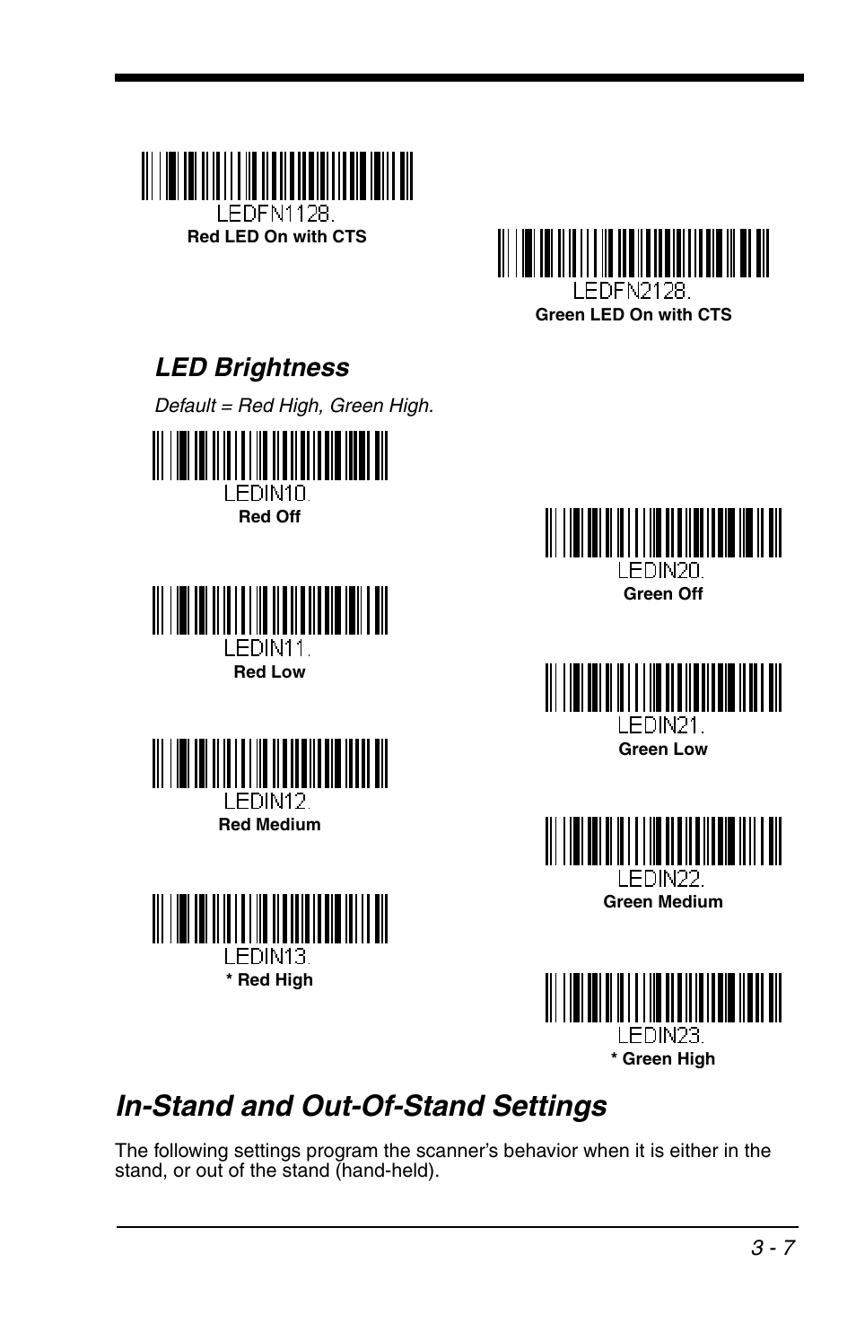 Led brightness, In-stand and out-of-stand settings, Led brightness -7 | In-stand and out-of-stand settings -7 | Honeywell VOYAGER 1200G User Manual | Page 57 / 238