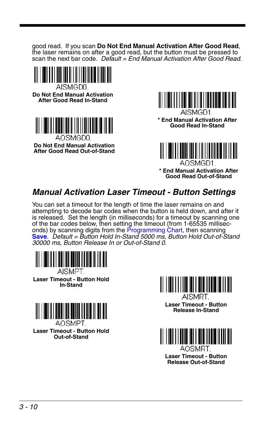 Manual activation laser timeout - button settings, Manual activation laser timeout, Button settings -10 | Honeywell VOYAGER 1200G User Manual | Page 60 / 238