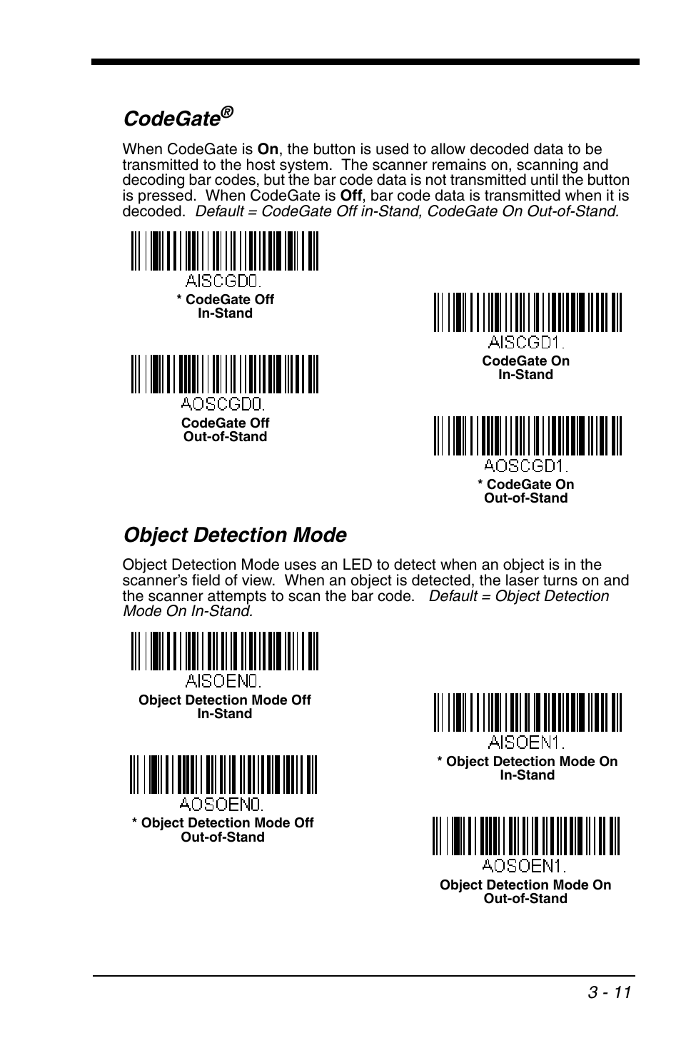 Codegate, Object detection mode, Object detection mode -11 | Honeywell VOYAGER 1200G User Manual | Page 61 / 238