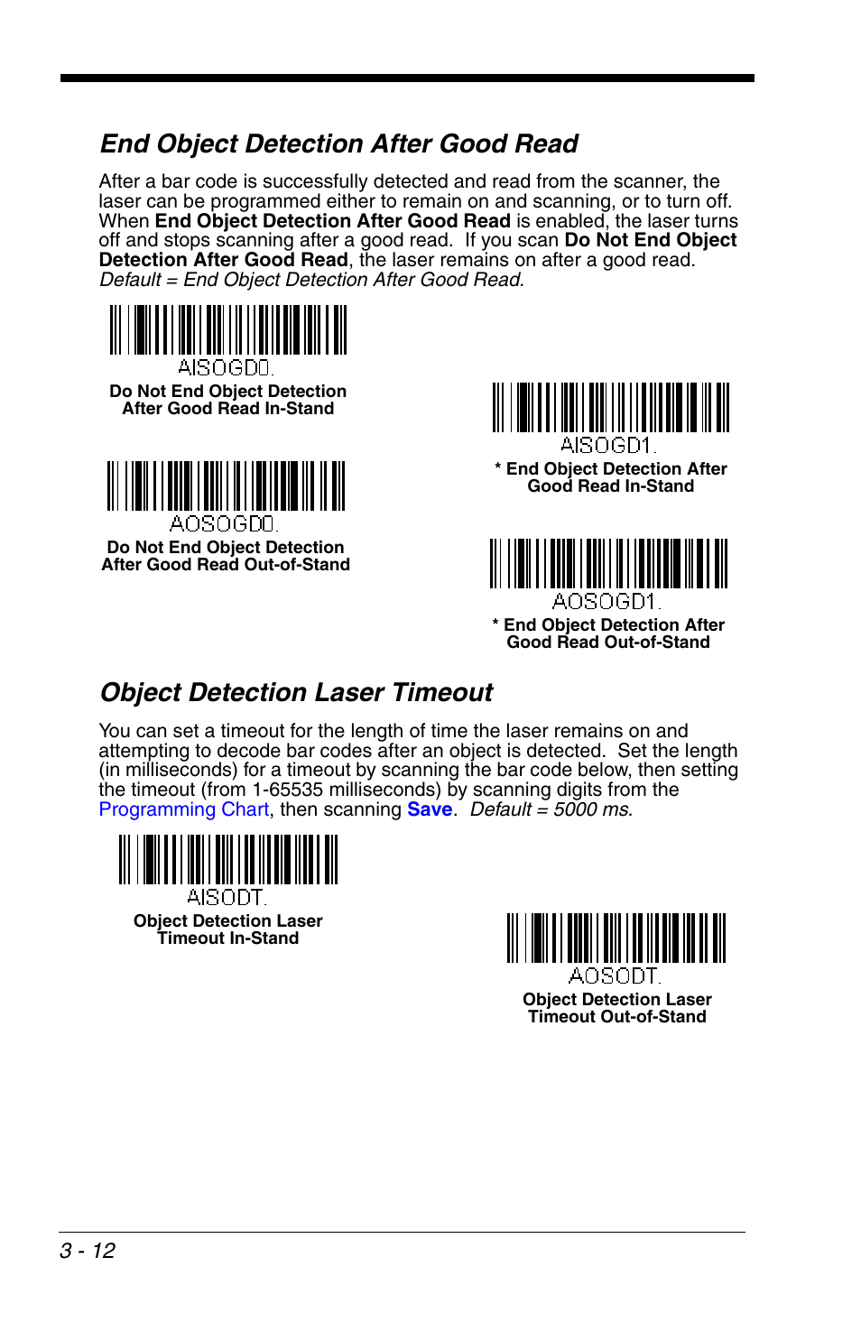 End object detection after good read, Object detection laser timeout | Honeywell VOYAGER 1200G User Manual | Page 62 / 238