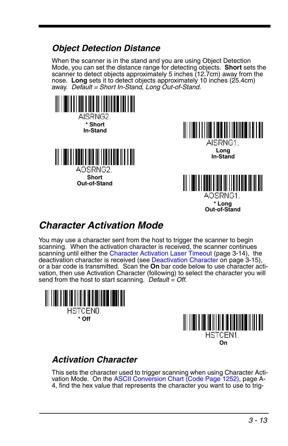 Object detection distance, Character activation mode, Activation character | Object detection distance -13, Character activation mode -13, Activation character -13 | Honeywell VOYAGER 1200G User Manual | Page 63 / 238