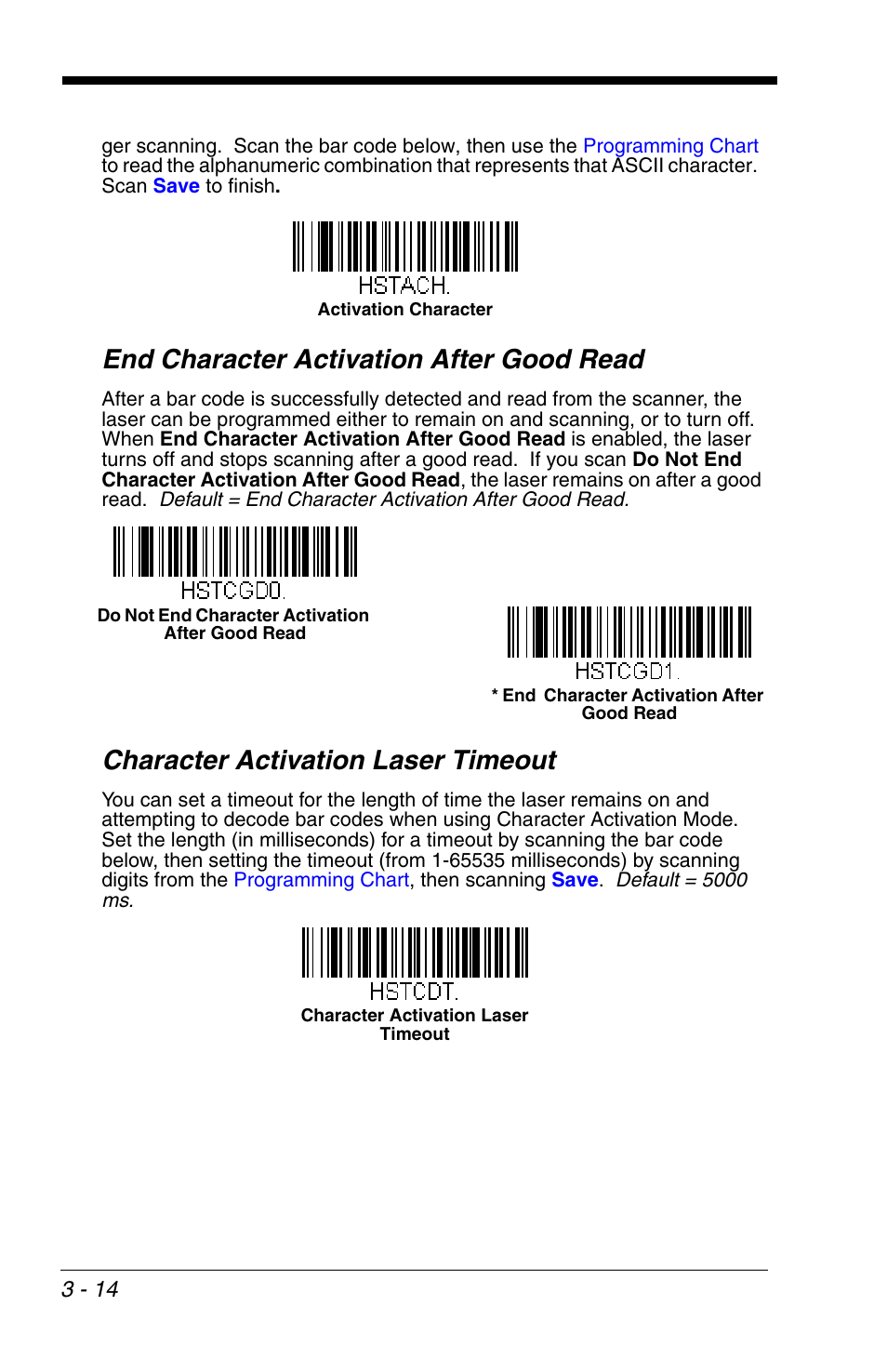 End character activation after good read, Character activation laser timeout | Honeywell VOYAGER 1200G User Manual | Page 64 / 238