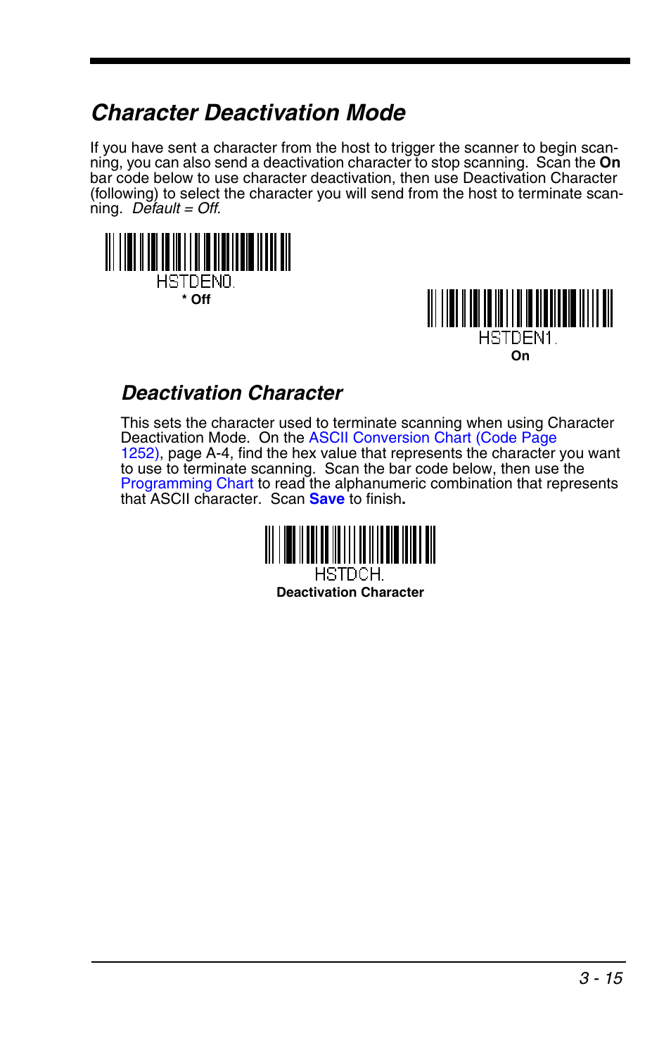 Character deactivation mode, Deactivation character, Character deactivation mode -15 | Deactivation character -15, Ed (see | Honeywell VOYAGER 1200G User Manual | Page 65 / 238