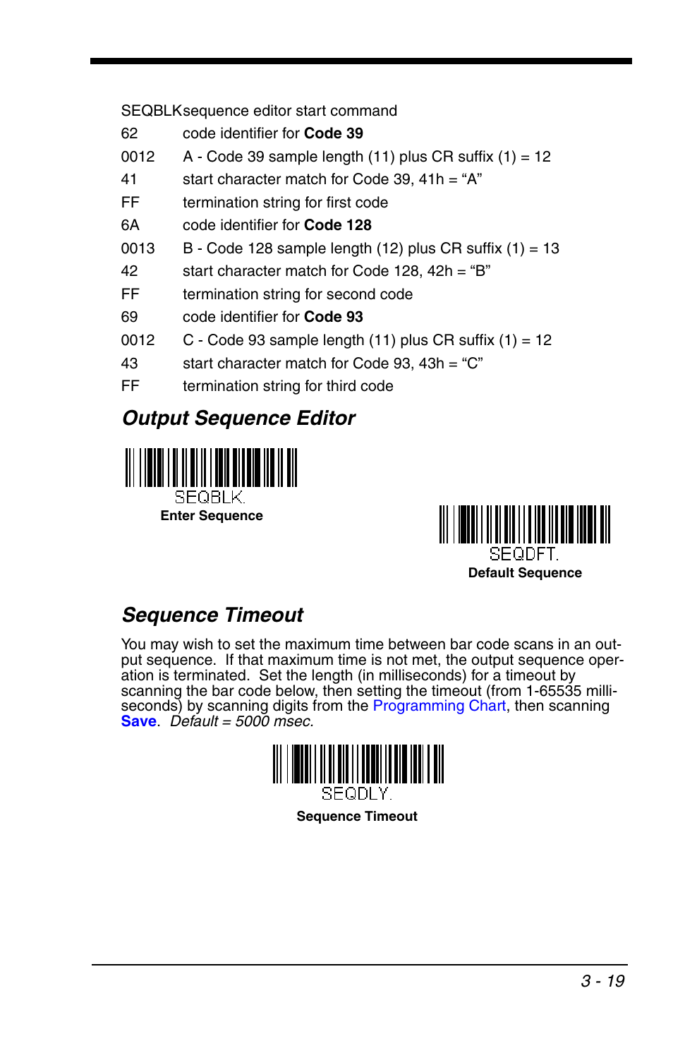 Output sequence editor, Sequence timeout, Output sequence editor -19 sequence timeout -19 | Output sequence editor sequence timeout | Honeywell VOYAGER 1200G User Manual | Page 69 / 238