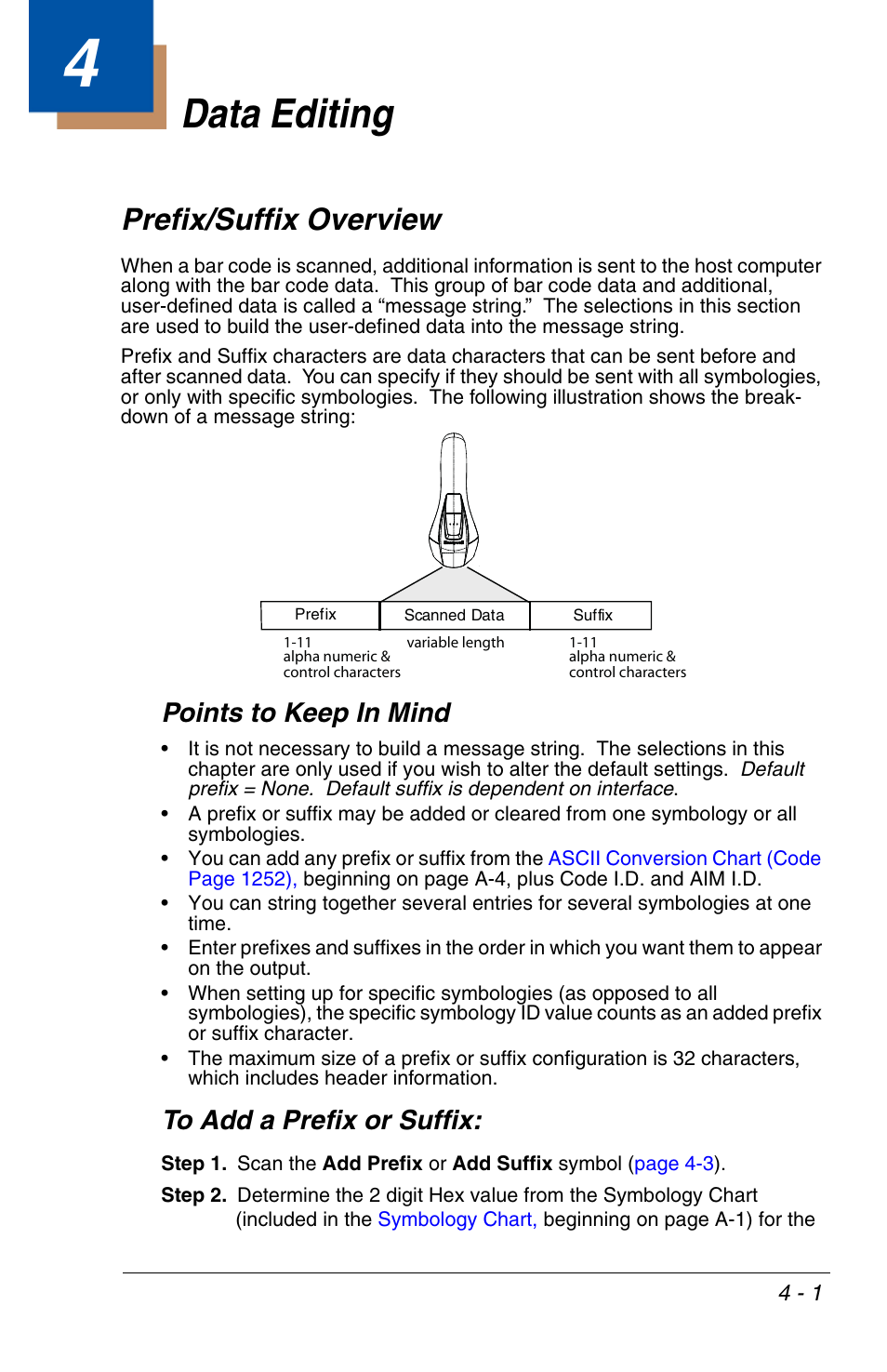 Data editing, Prefix/suffix overview, To add a prefix or suffix | Chapter 4 - data editing, Prefix/suffix overview -1, To add a prefix or suffix: -1, Editing selections (see, Points to keep in mind | Honeywell VOYAGER 1200G User Manual | Page 73 / 238