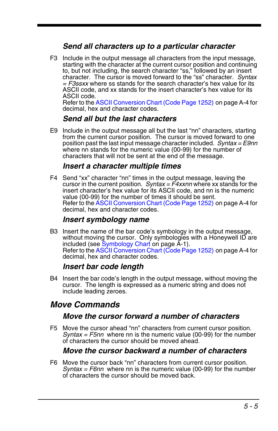 Move commands, Move commands -5, Send all characters up to a particular character | Send all but the last characters, Insert a character multiple times, Insert symbology name, Insert bar code length, Move the cursor forward a number of characters, Move the cursor backward a number of characters | Honeywell VOYAGER 1200G User Manual | Page 87 / 238