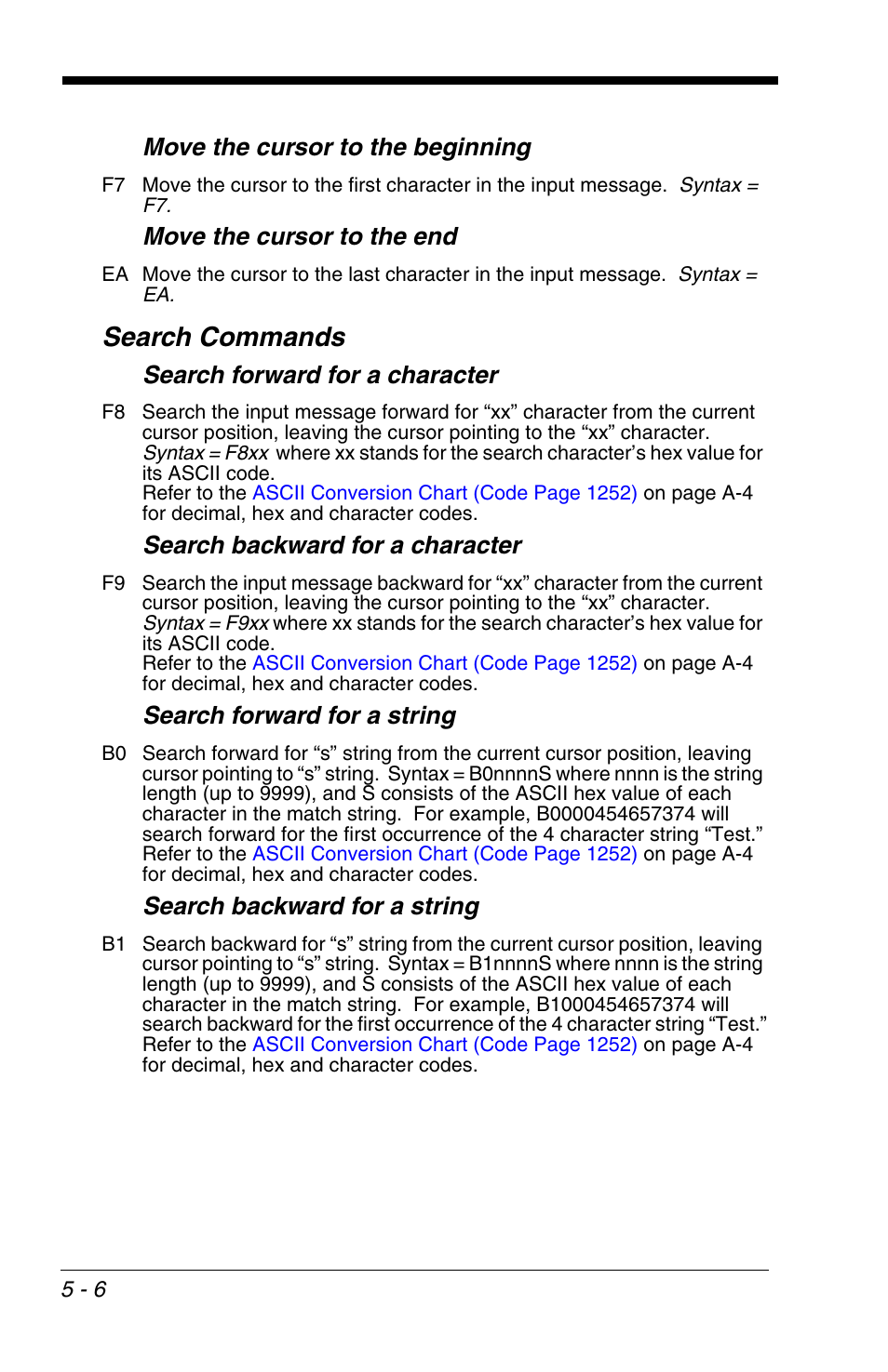 Search commands, Search commands -6, Move the cursor to the beginning | Move the cursor to the end, Search forward for a character, Search backward for a character, Search forward for a string, Search backward for a string | Honeywell VOYAGER 1200G User Manual | Page 88 / 238