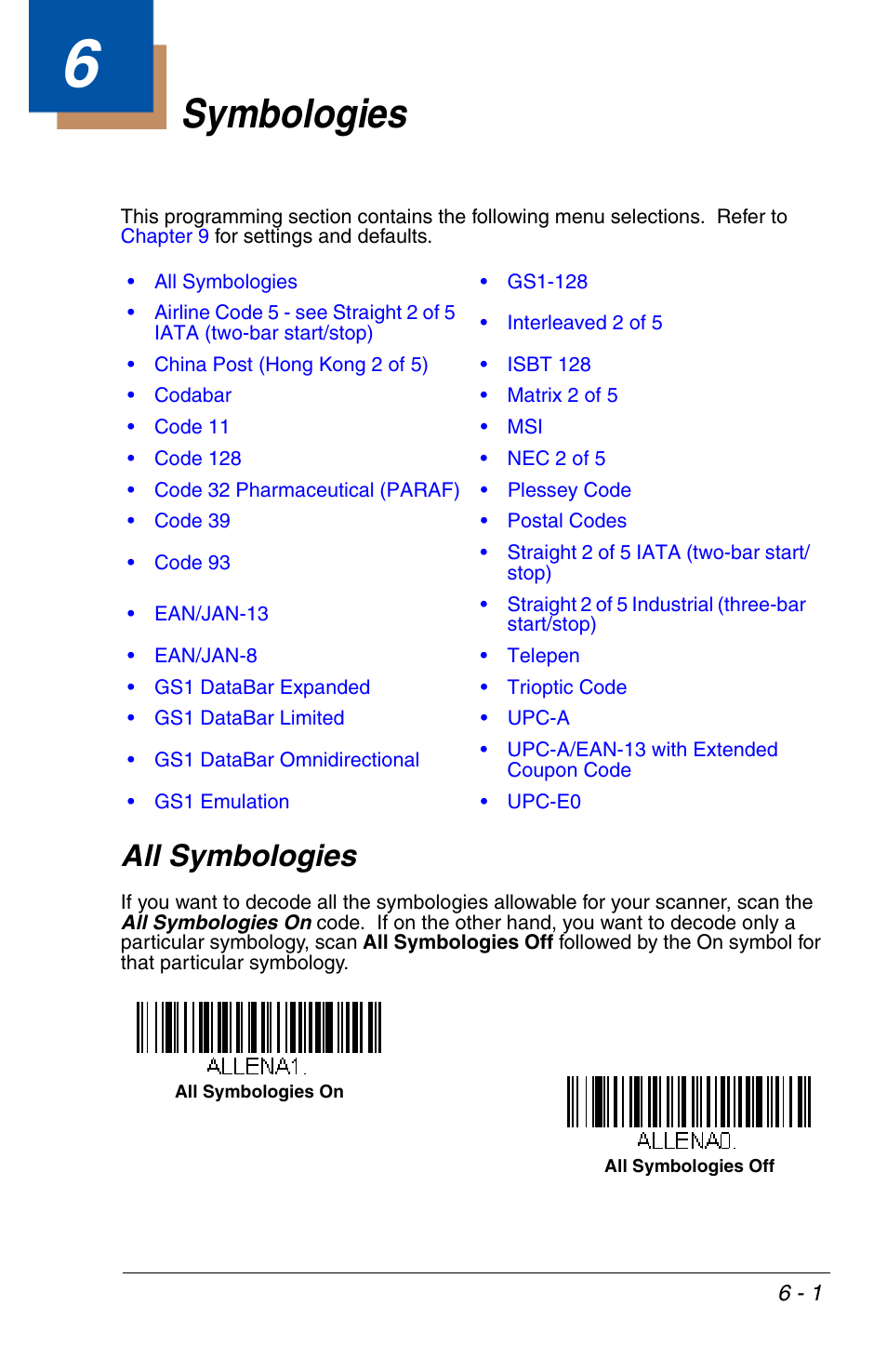 Symbologies, All symbologies, Chapter 6 - symbologies | All symbologies -1, Individual symbologies, see | Honeywell VOYAGER 1200G User Manual | Page 95 / 238