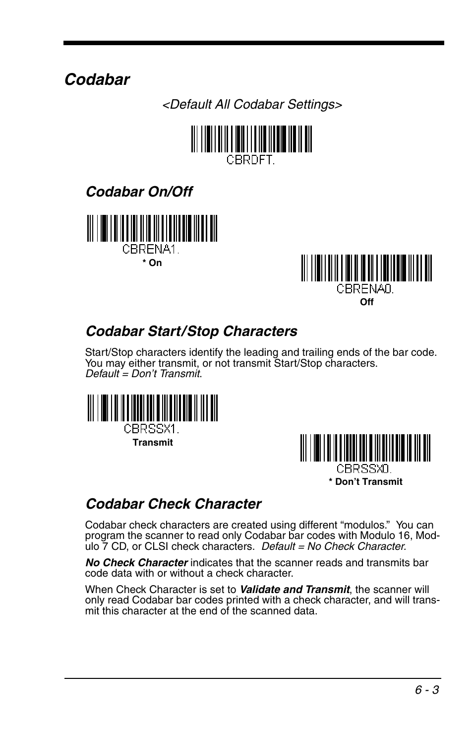 Codabar, Codabar -3, Codabar on/off codabar start/stop characters | Codabar check character, Default all codabar settings | Honeywell VOYAGER 1200G User Manual | Page 97 / 238