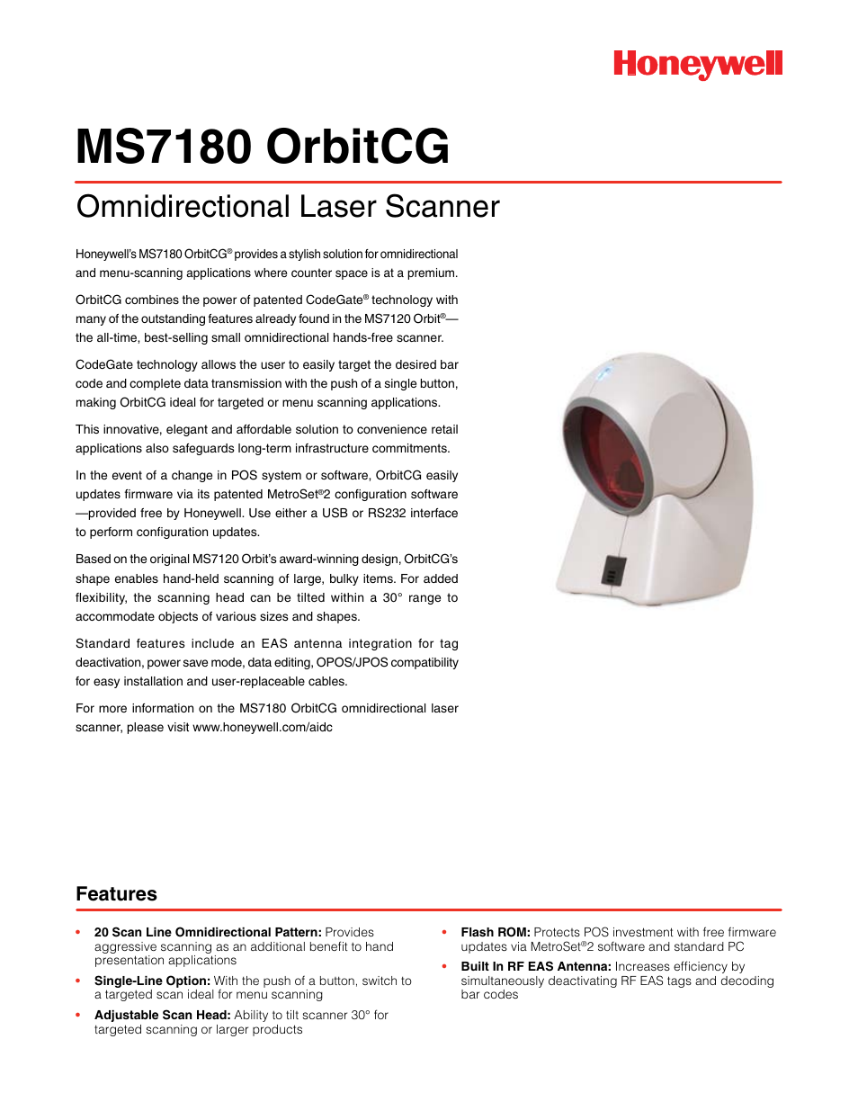 Honeywell OrbitCG MS7180 User Manual | 2 pages