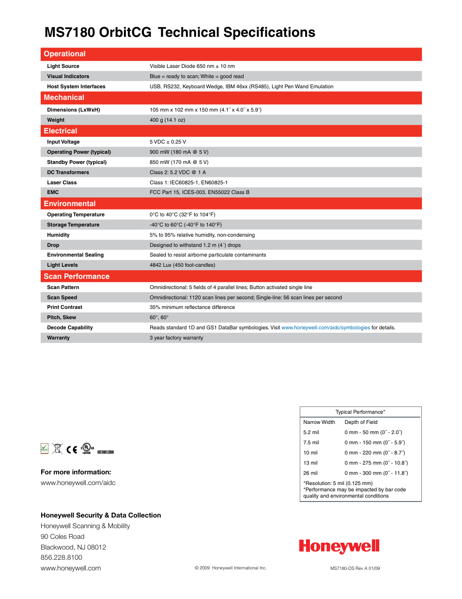 Ms7180 orbitcg technical specifications, Operational, Mechanical | Electrical, Environmental, Scan performance | Honeywell OrbitCG MS7180 User Manual | Page 2 / 2